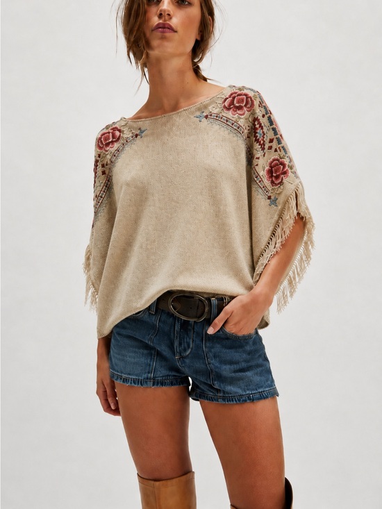 Johnny Was Tops - Johnny Was- 4Love And Liberty- Silk/ Cotton Embroidered Fringe Poncho Knit top -